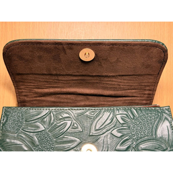 Dark Forest Green Sunflower Embossed Tooled Artisan LEATHER Crossbody Bag Purse - Picture 13 of 16